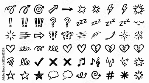 Set of black hand drawn doodle elements like arrows hearts stars and symbols, perfect for graphic design, social media content and creative presentation illustration
