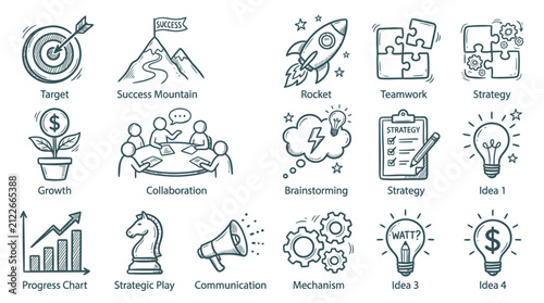 Hand drawn business strategy doodle icon set featuring target rocket teamwork idea and growth chart, perfect for business presentation, startup marketing and corporate planning