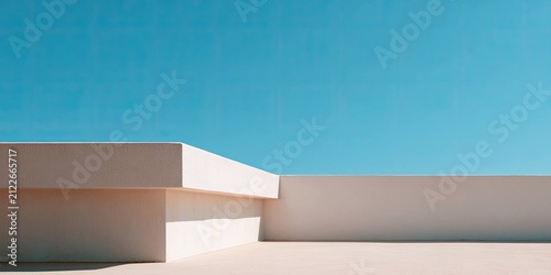 Modern minimalist white concrete building structure with clean lines and clear blue sky background
