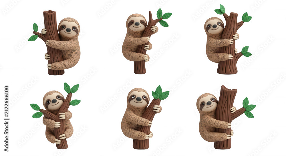 Obraz premium cute sloth cartoon characters clinging to tree branches white background for illustrations design and educational material