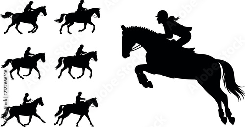 Foto Horse Riding Silhouette Vector Set with Equestrian Riders Dressage and Show Jump
