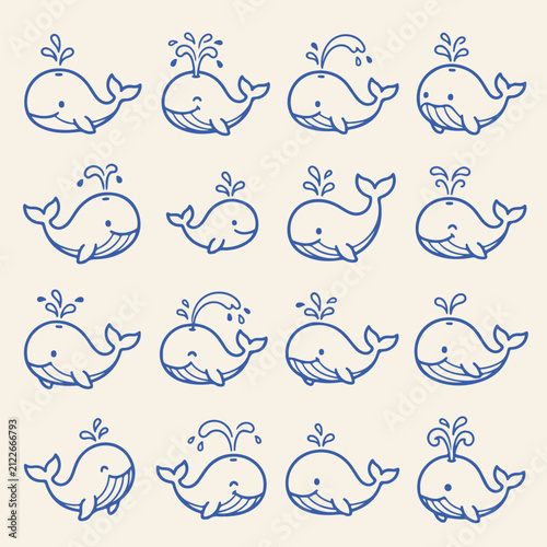 Obraz na płótnie Cute jumping and spouting whale vector icons set with spouting wildlife collecti