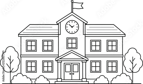 Line drawing of a school building with a clock tower and surrounding trees black and white academy