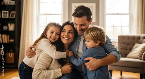 Happy family playing video game together at home.