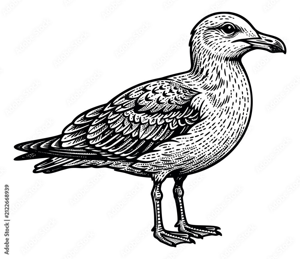 Fototapeta premium Engraving illustration of a seagull depicting a standing coastal bird for nature and wildlife design