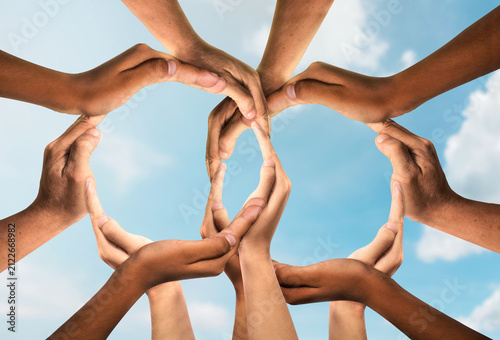 Business groups Unity and diversity partnership as hands in a group of 2 diverse people community connected together shaped as two support circles symbol of team or teamwork and togetherness.