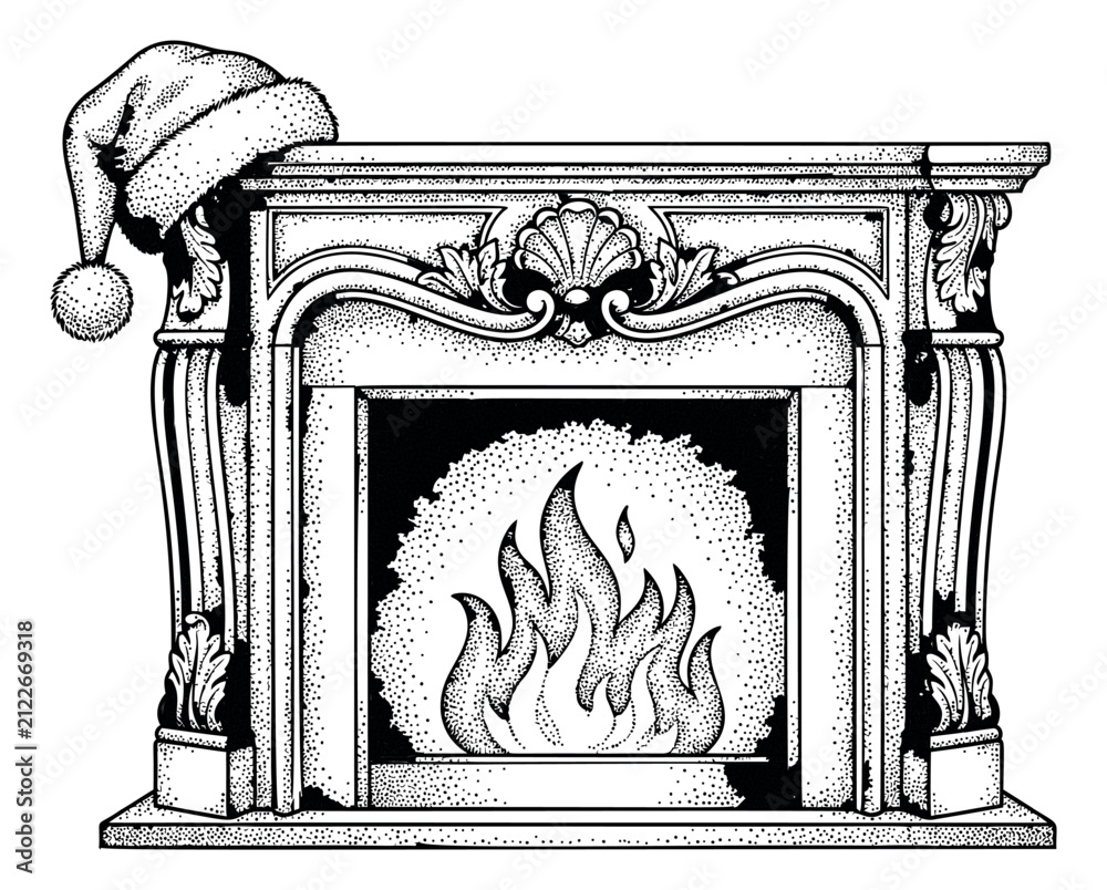 Fototapeta premium Engraving style illustration of a ornate Victorian fireplace depicting a burning fire with Santa hat for Christmas holiday design