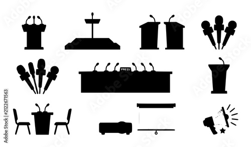 Bild auf Leinwand Conference podium illustration set with press microphones debate speaker platfor