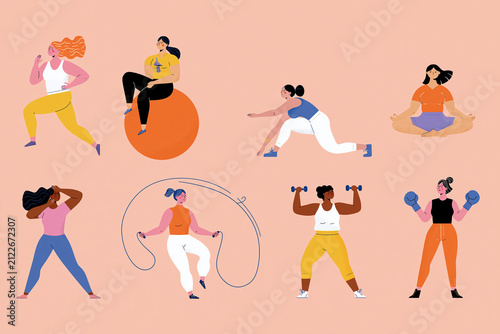 Diverse Women Exercising Set with Yoga, Running, Boxing and Fitness Activities Flat Vector Illustration
