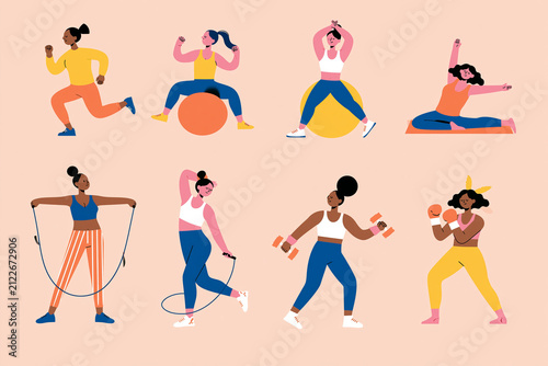 Diverse Women Exercising Set with Yoga, Running, Boxing and Fitness Activities Flat Vector Illustration
