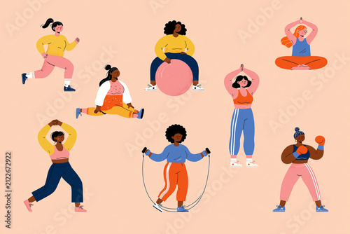 Diverse Women Exercising Set with Yoga, Running, Boxing and Fitness Activities Flat Vector Illustration