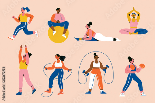 Diverse Women Exercising Set with Yoga, Running, Boxing and Fitness Activities Flat Vector Illustration