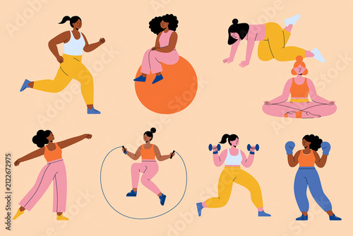 Diverse Women Exercising Set with Yoga, Running, Boxing and Fitness Activities Flat Vector Illustration