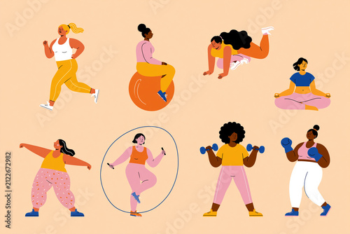 Diverse Women Exercising Set with Yoga, Running, Boxing and Fitness Activities Flat Vector Illustration