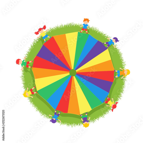 Children Playing with Colorful Parachute in a Green Grass Setting