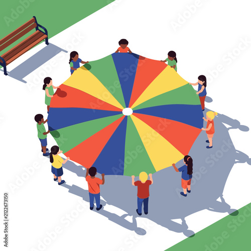 Children Playing with Colorful Parachute in Vibrant Park Setting