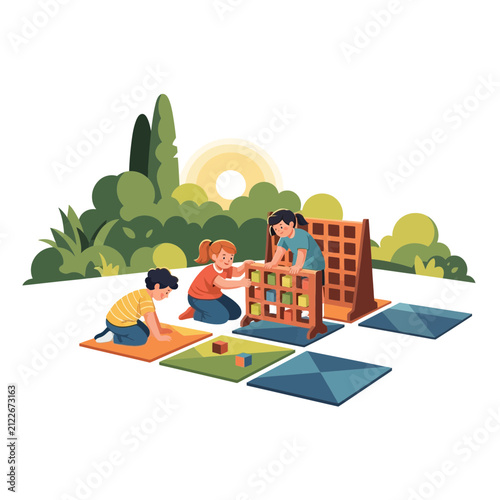 Children Playing with Puzzle Game Outdoors in a Natural Setting