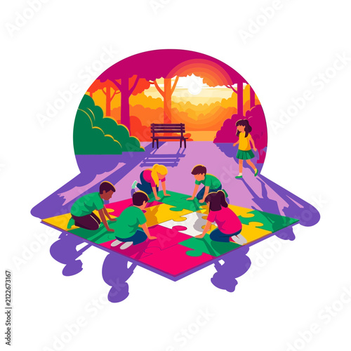 Children Solving Colorful Puzzle Together in Scenic Park at Sunset