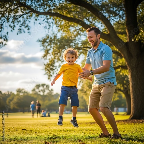 Father teaching young son to throw frisbee in park.
