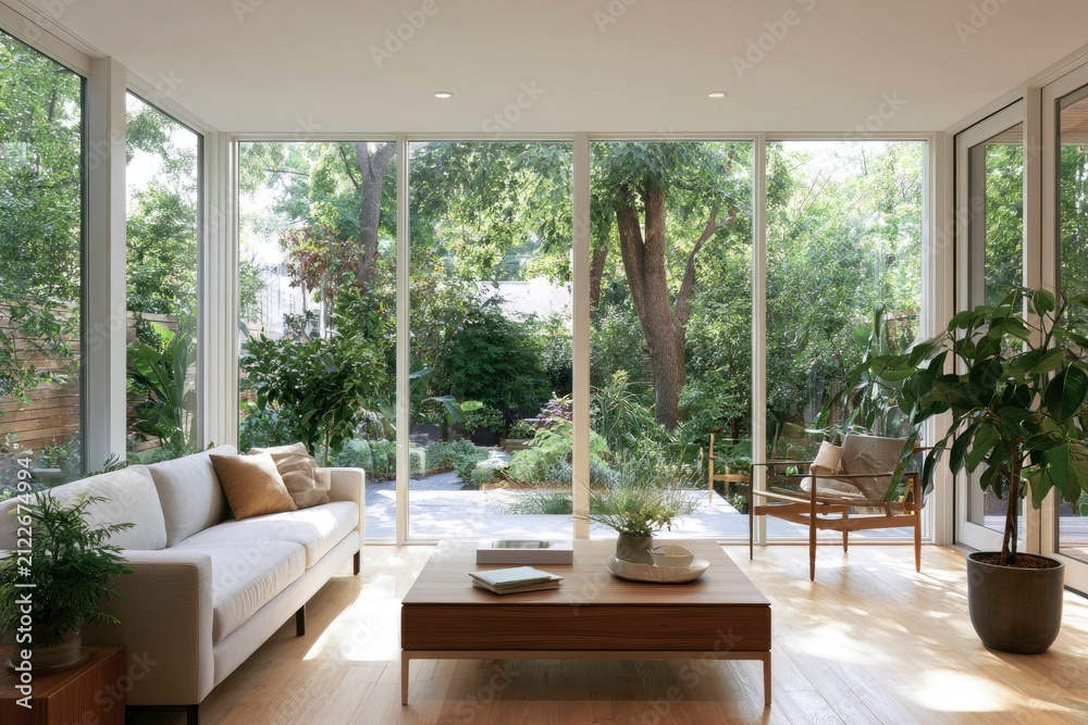 Fototapeta premium Bright modern living room with large floor-to-ceiling windows and lush garden view