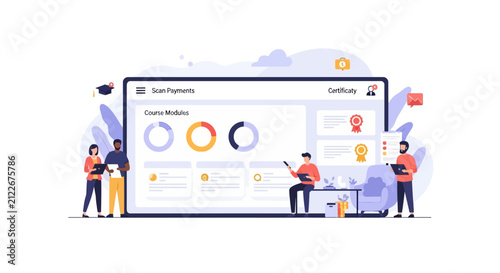 Diverse people managing online learning dashboard and course payments
