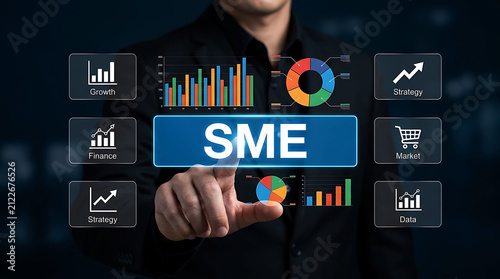 Businessman Touching SME Business Growth Strategy Analytics Interface Dashboard Screen