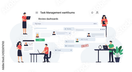 Dashboard review and task management system in a modern workspace.