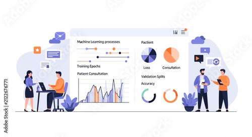 Data analysts reviewing machine learning processes and training accuracy metrics.