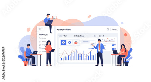 Data analytics dashboard with line graphs and growth query builders.