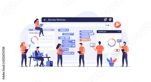 Data analytics dashboard with people reviewing performance metrics.