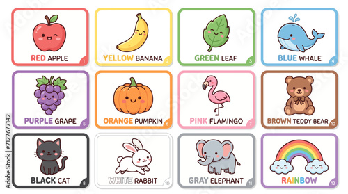 Educational color recognition flashcards set featuring cute illustrated animals fruits and nature elements for kids learning basic colors and vocabulary