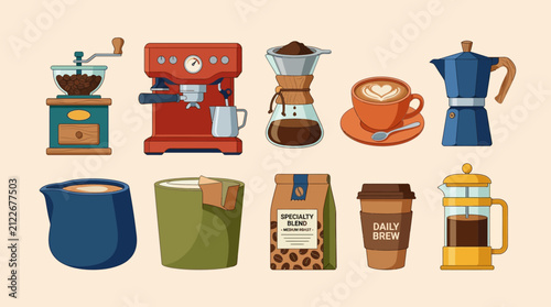 Collection of essential coffee brewing tools and accessories for home baristas and coffee enthusiasts in a minimalistic