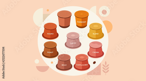 Colorful illustration of various coffee cups including latte espresso and cappuccino in a warm pastel background promoting a