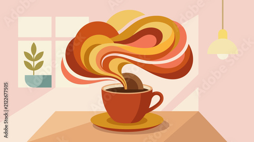 Artistic digital illustration of a steaming cup of coffee with swirling steam shapes in a cozy indoor setting with window and