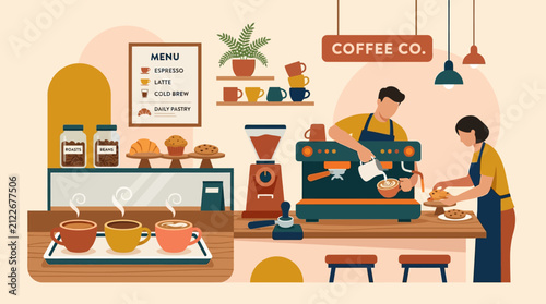 Cozy coffee shop scene with barista preparing beverages and customer enjoying a snack in a warm, inviting environment