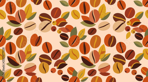 Seamless Coffee Bean Pattern with Warm Autumn Leaves in Soft Earth Tones for Background Design