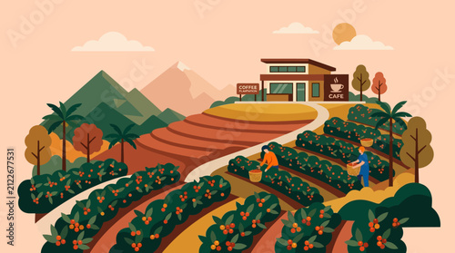 Serene hillside coffee farm with lush verdant plants and workers harvesting in a picturesque mountainous landscape during sunset