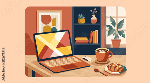 Cozy home workspace with laptop, coffee, pastry, and houseplants creating a warm and inviting atmosphere for productivity and