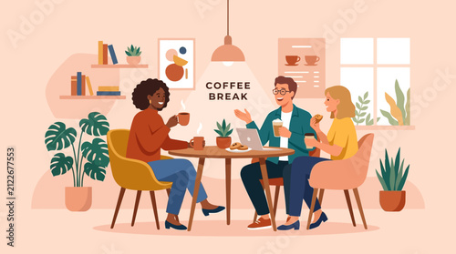 friendly group of diverse friends enjoying coffee break in cozy indoor caf? warm atmosphere with plants and stylish decor