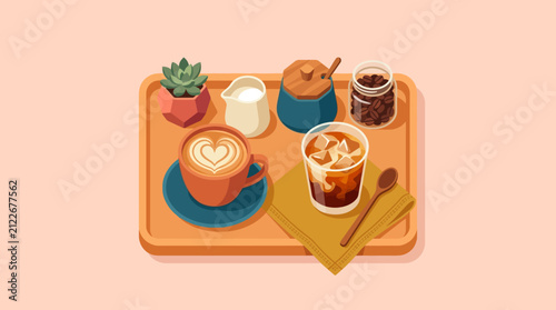 Cozy breakfast tray with coffee, pastries, and a succulent plant on a soft pink background emphasizing comfort and morning rituals