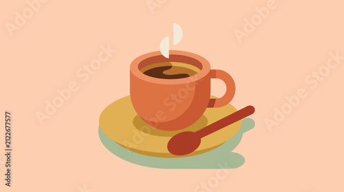 Minimalist Illustration of a Warm Hot Beverage in a Clay Cup with Steam Rising on a Soft Pastel Background