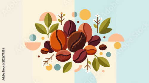 Abstract illustration of roasted coffee beans with surrounding green leaves and colorful geometric shapes on a soft pastel