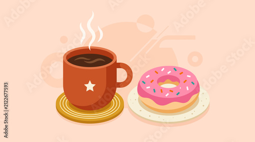 Cozy breakfast scene featuring a hot coffee mug and a colorful glazed donut with sprinkles on a soft pastel background