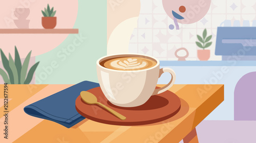 Cozy morning scene featuring a warm cup of coffee on a wooden table with a spoon and napkin in a bright, modern kitchen setting