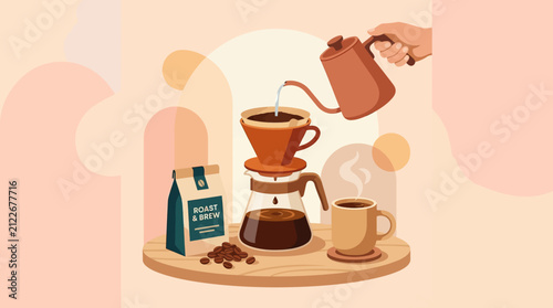 Illustration of a hand pouring hot water into a coffee dripper for brewing coffee on a cozy table scene with coffee beans and a