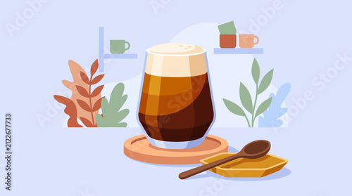 Cozy coffee beverage with foam topping in a modern kitchen setting decorated with greenery and minimalistic design elements