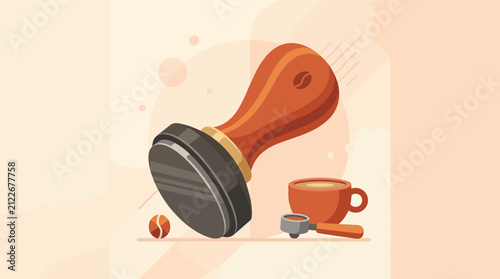 Charming illustration of a vintage coffee stamp with a small cup and coffee bean on a soft beige background