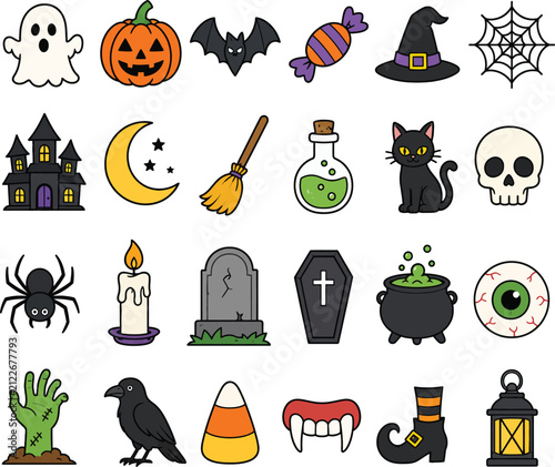 Set of cute flat halloween icons for spooky holiday party invitations or festive stickers.