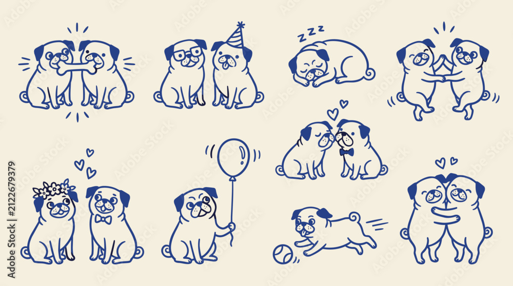 Obraz premium Cute Pug Dog Couples in Various Poses Doodle Set Hand Drawn Blue Line Art Vector Illustration