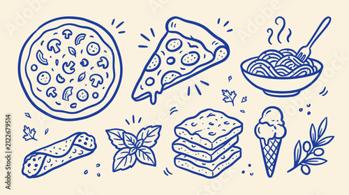 Foto Italian Food Dishes and Ingredients Doodle Set Hand Drawn Blue Line Art Vector I
